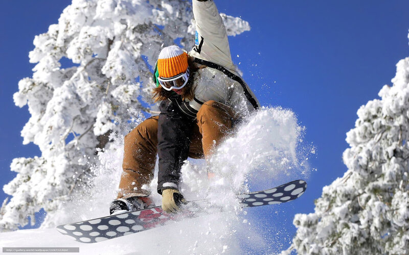 Snowboarder in Mid-air — White, Dynamic, Winter, Photograph, Snow-covered Trees, Goggles