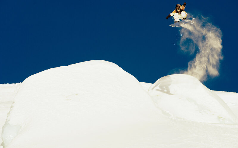 Snowboarder in Mid-air — White, Dynamic, Winter, Photograph, Snow, Sky, Snowboard, Blue