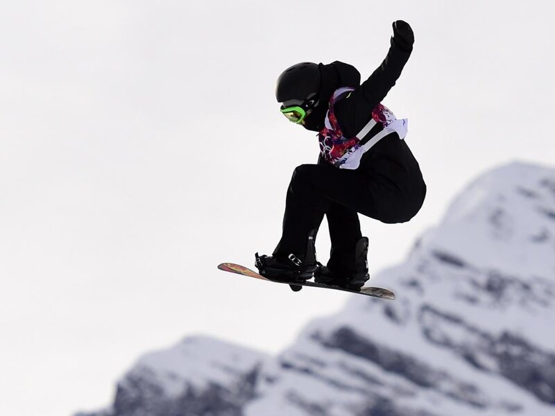 Snowboarder in Mid-air — White, Dynamic, Winter, Photograph, Snowy Mountains