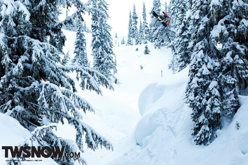 Snowboarder in snowy forest