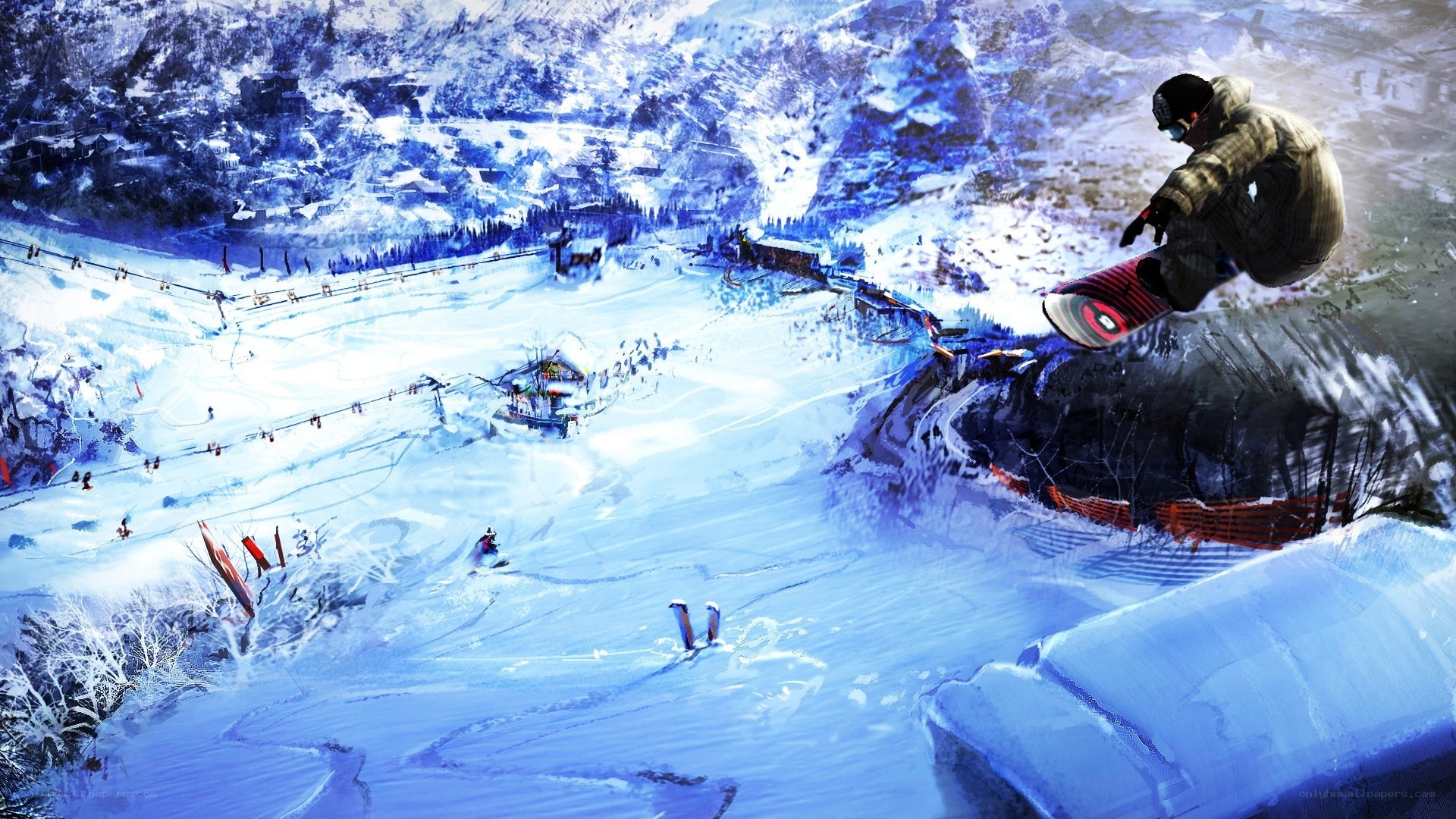 Snowboarder in winter landscape