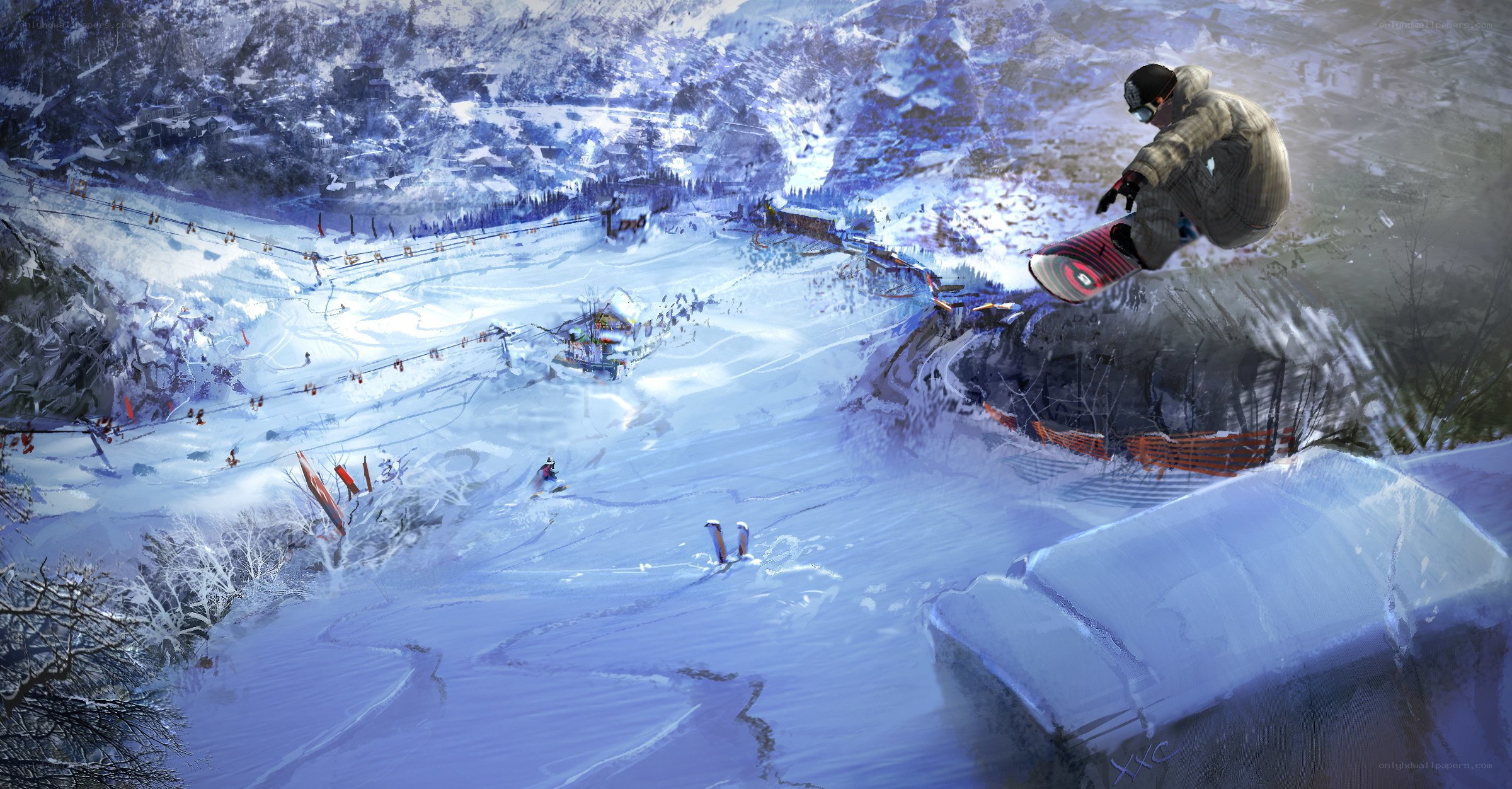 Snowboarder in winter landscape