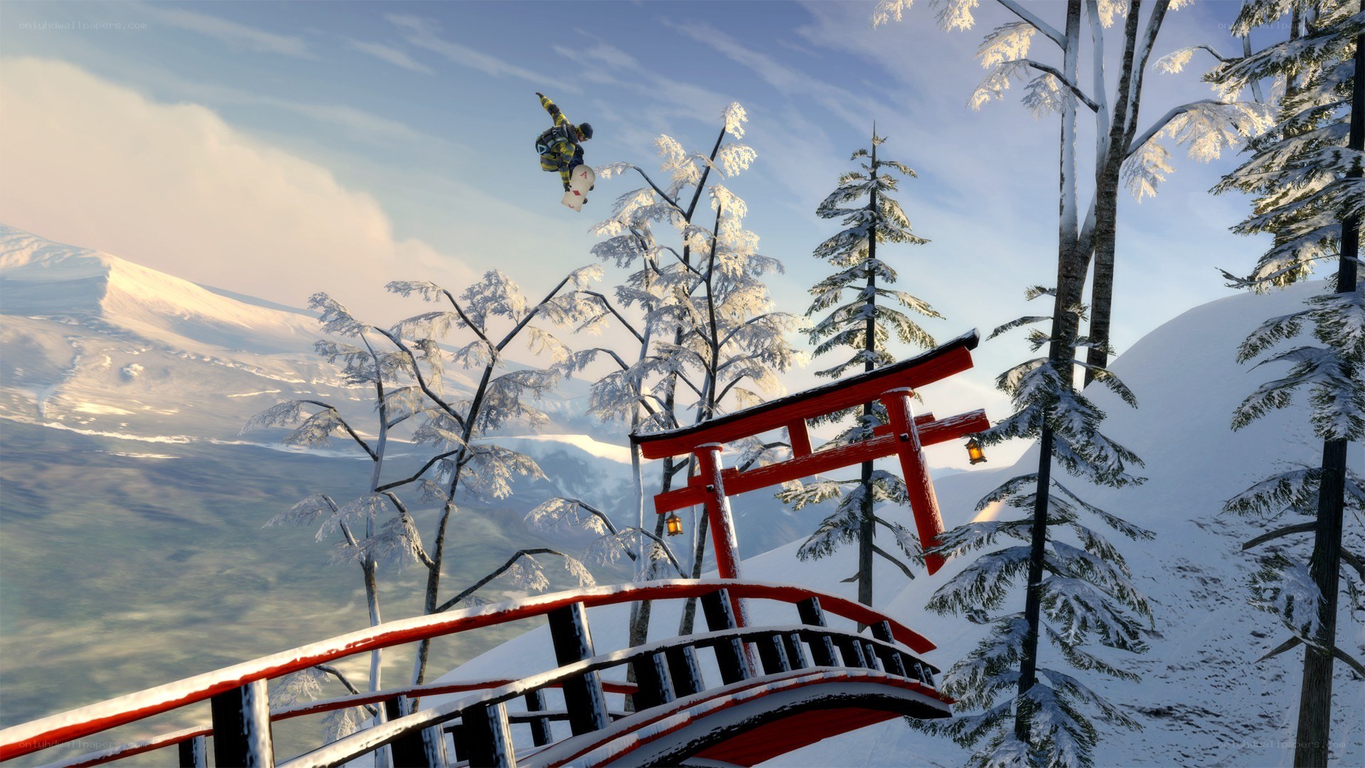 Snowboarder near a torii gate