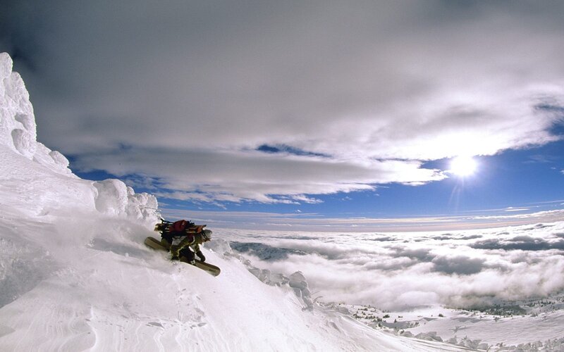 Snowboarder on Mountain — White, Dramatic, Afternoon, Photograph, Clouds, Sun