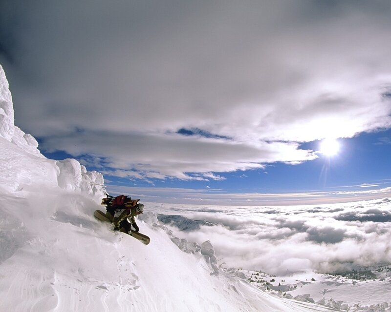 Snowboarder on Mountain — White, Dramatic, Afternoon, Photograph, Clouds