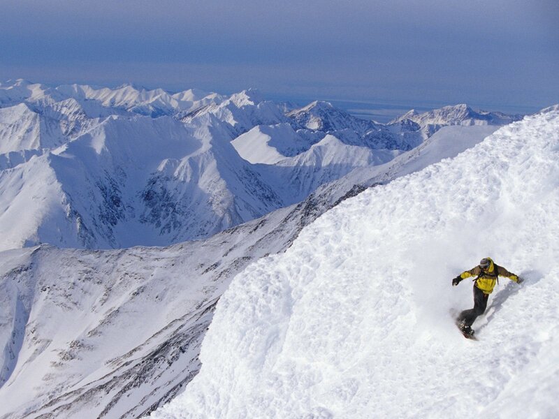 Snowboarder on Mountain — White, Dramatic, Winter, Photograph, Mountains, Snow