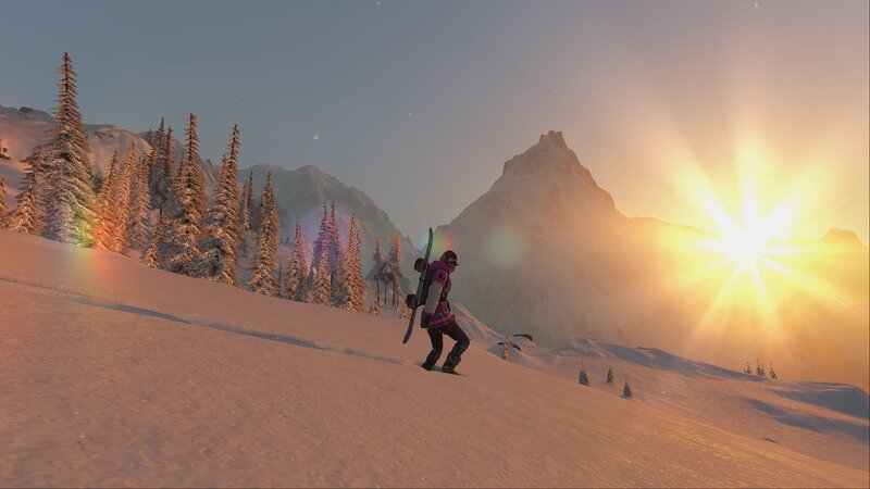 Snowboarder on Mountain — White, Serene, Sunset