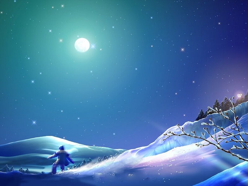 Snowboarder under moonlight