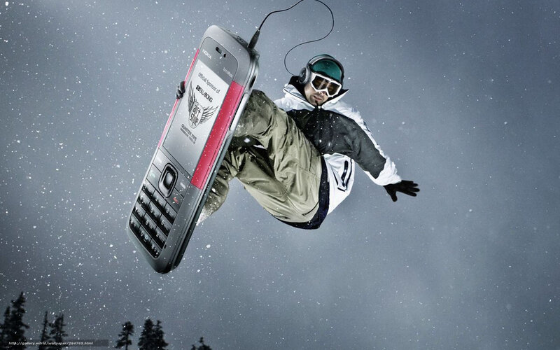 snowboarder with giant phone