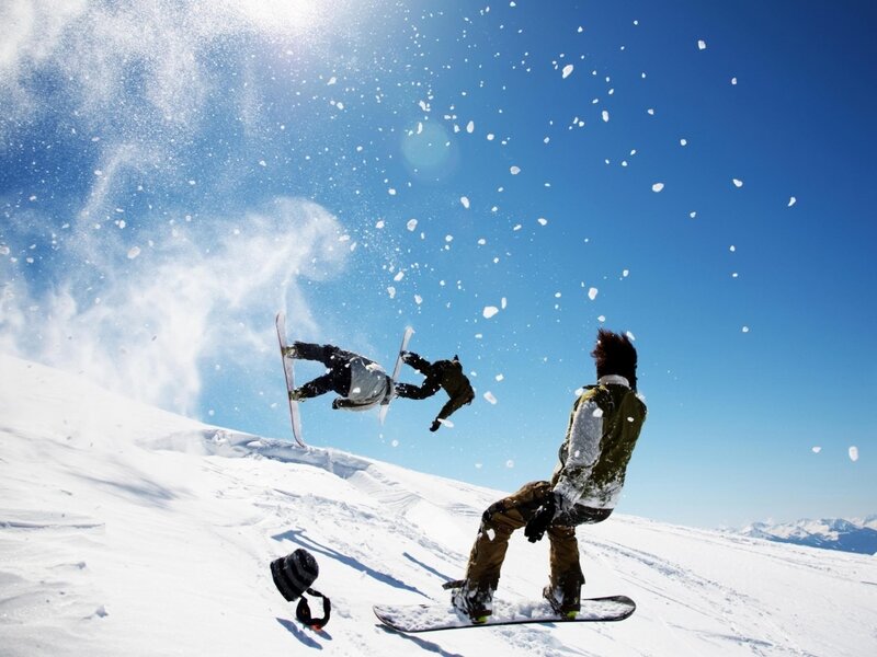 Snowboarders in Mid-air — Blue, Dynamic, Afternoon