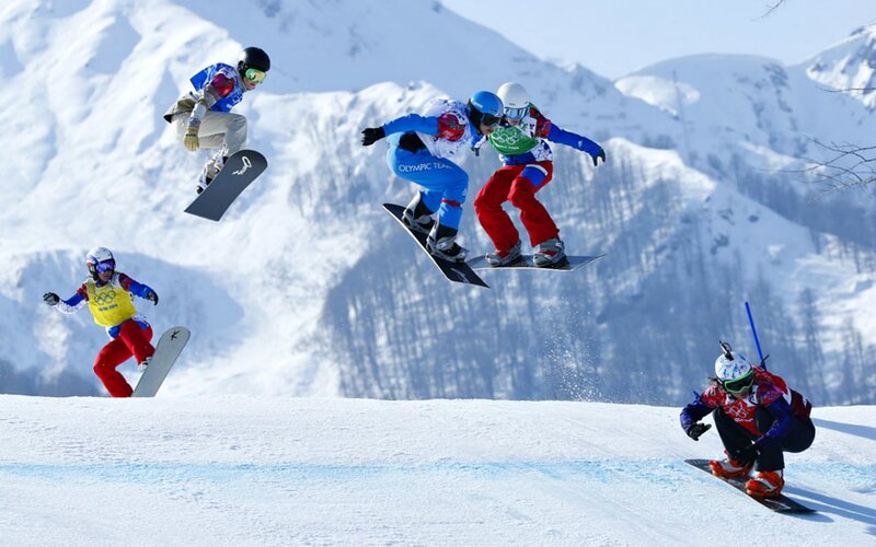 Snowboarders in Mid-air — White, Dynamic