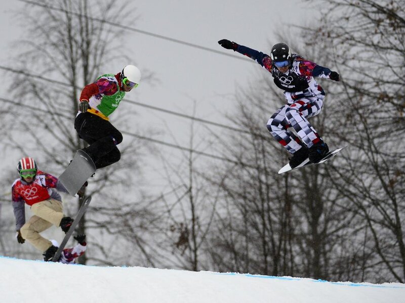 Snowboarders in Mid-air — White