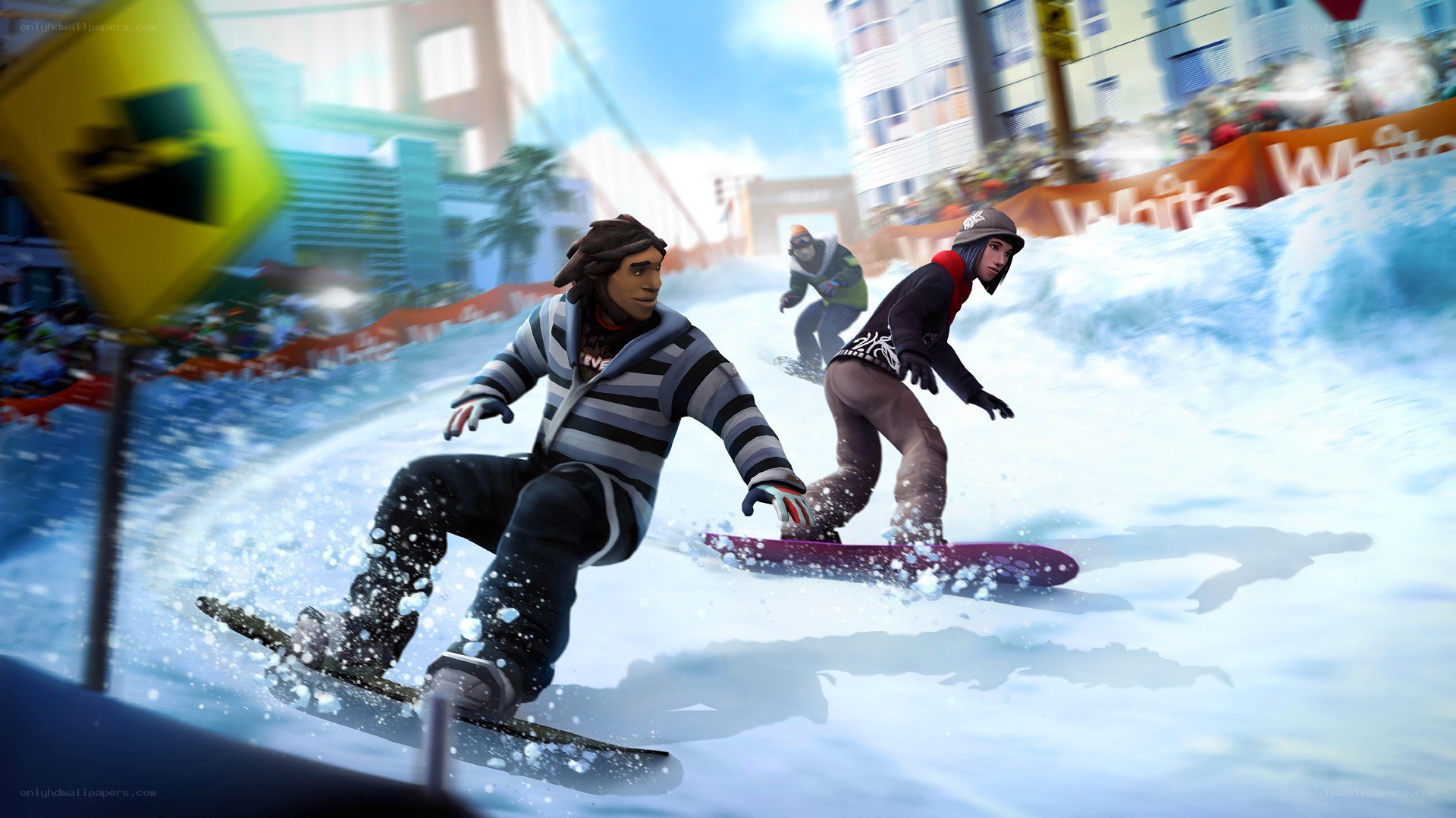 Snowboarders racing in city