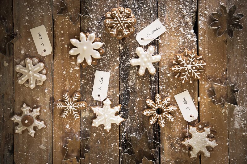 Snowflake Cookies on Wood