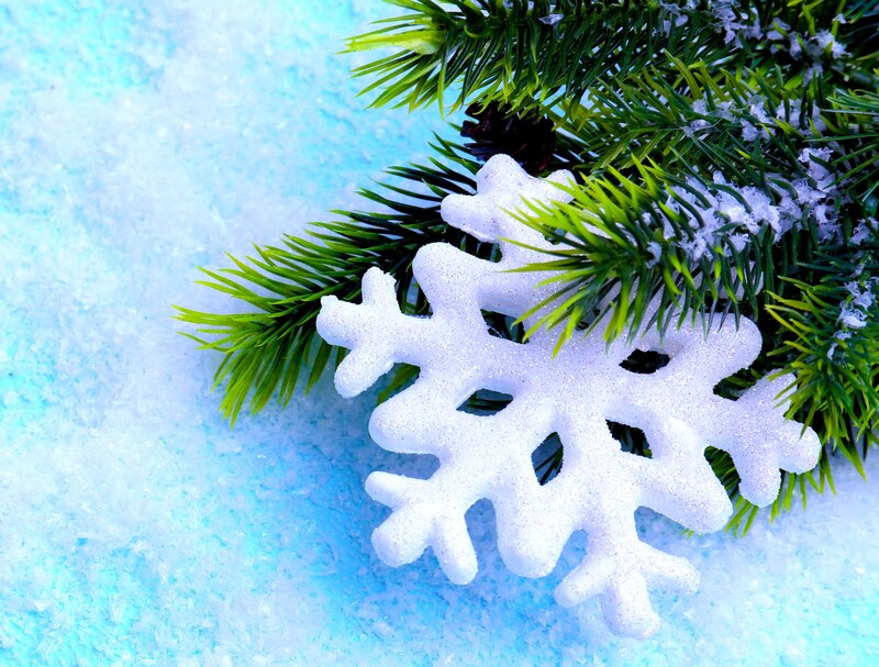 Snowflake Ornament on Pine — White, Festive