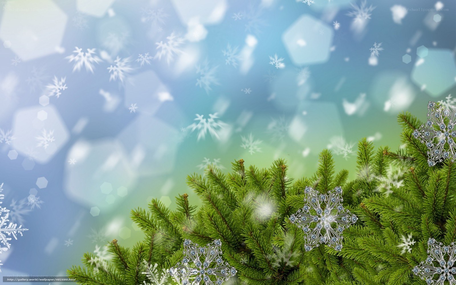 snowflakes on pine branches