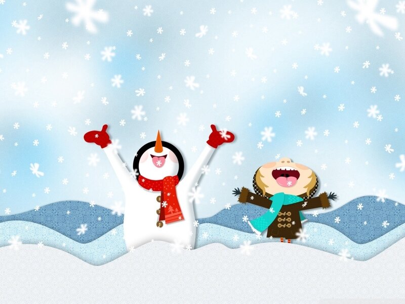 Snowman and Child in Snow — White