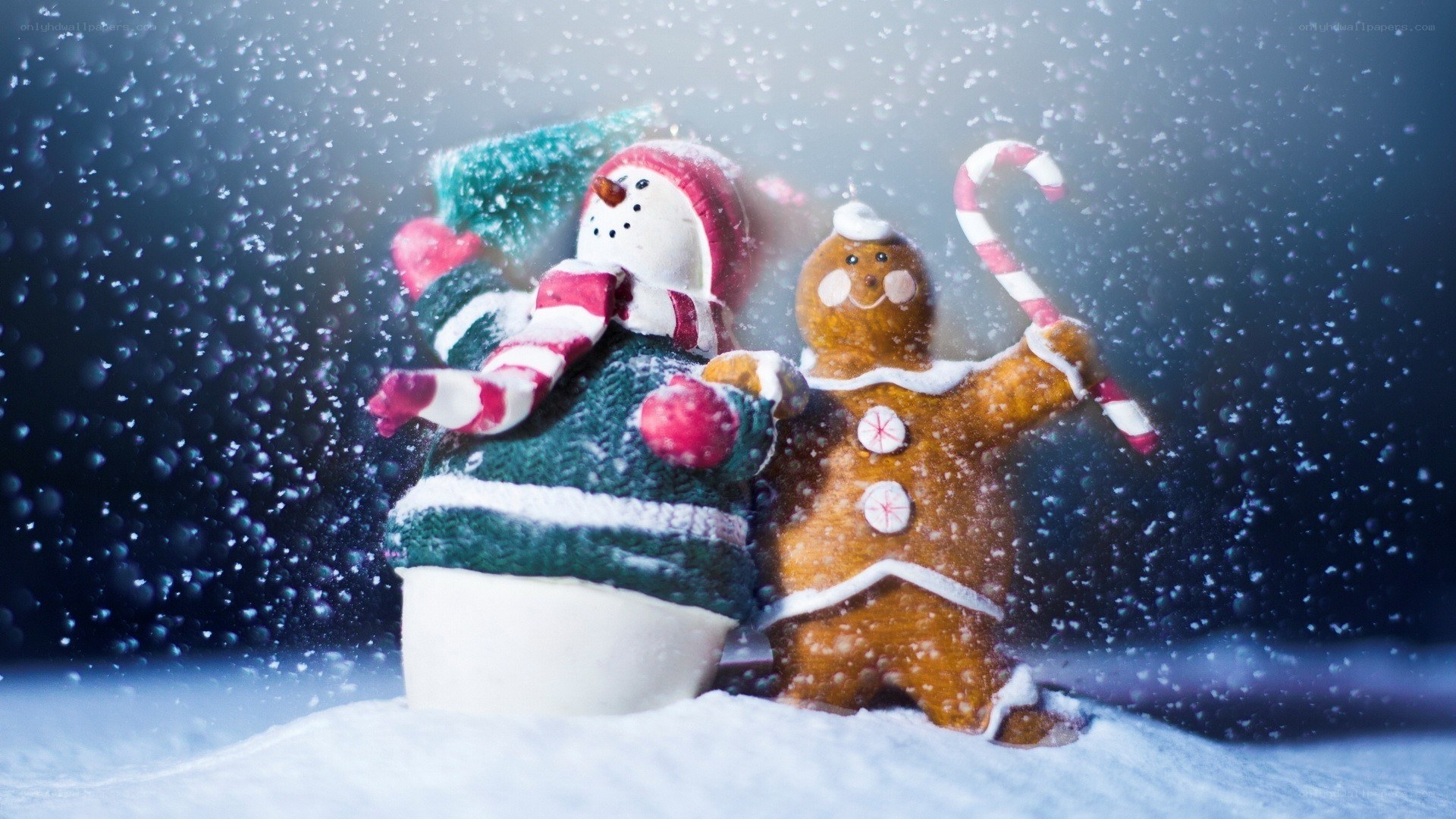 Snowman and gingerbread man in snow