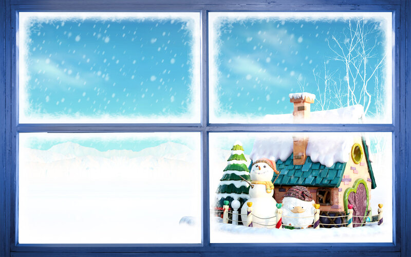Snowman and House in Snow — White, Peaceful