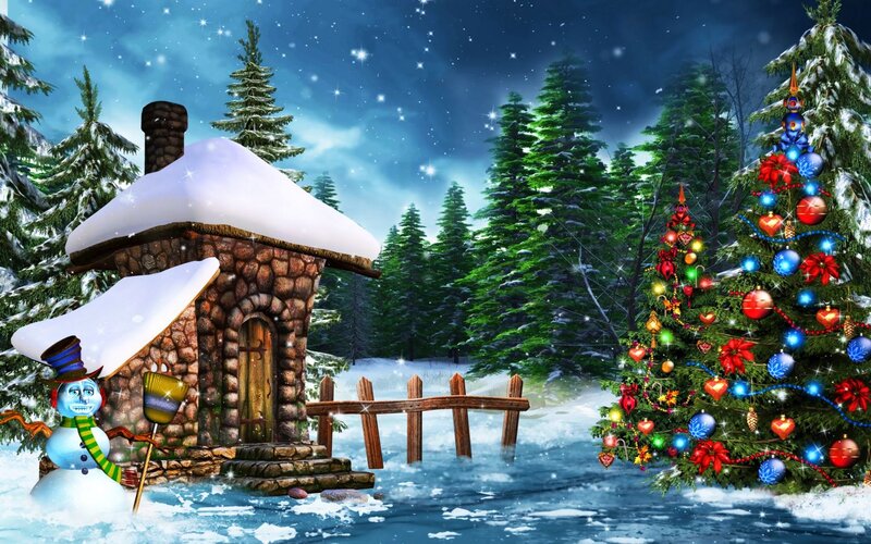 Snowman by Cabin — Blue