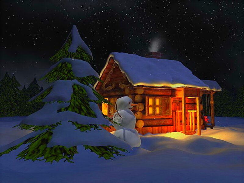 Snowman by Cabin