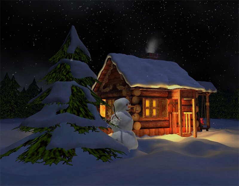 Snowman by Cabin — White, Peaceful
