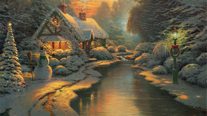 Snowman by Cabin — White