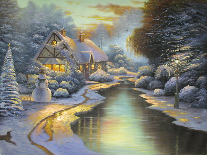 Snowman by Cottage — White