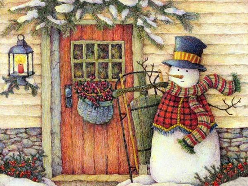 Snowman by Door — Red