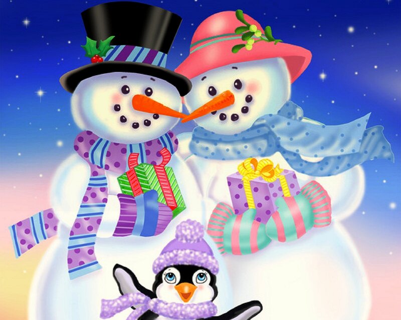 Snowman Couple with Penguin