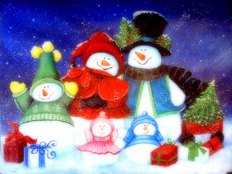 Snowman Family in Snow — Blue, Festive