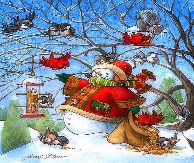 Snowman Feeding Birds