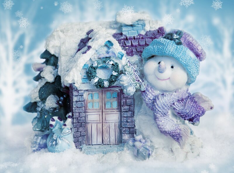 Snowman Figurine — Blue, Festive, Winter, Photograph