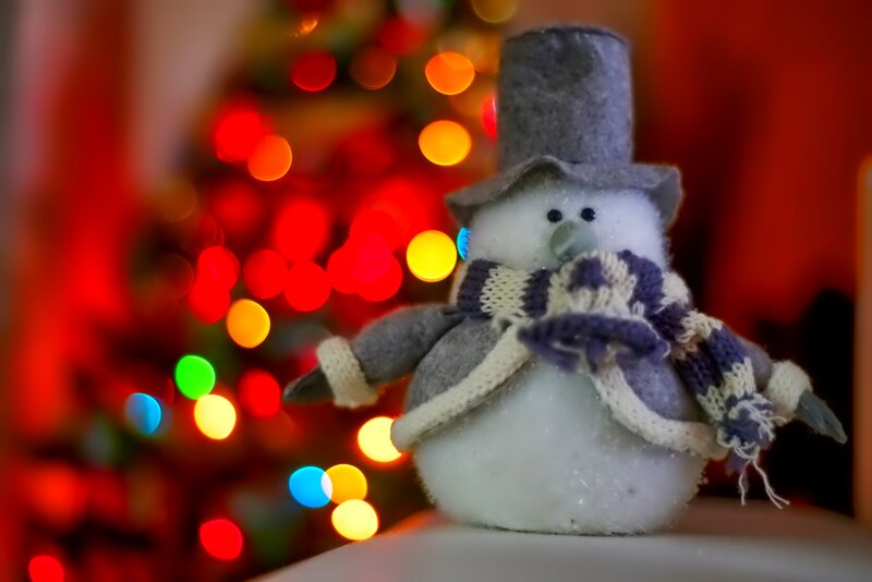 Snowman Figurine — Red, Festive, Winter, Photograph, Christmas Lights