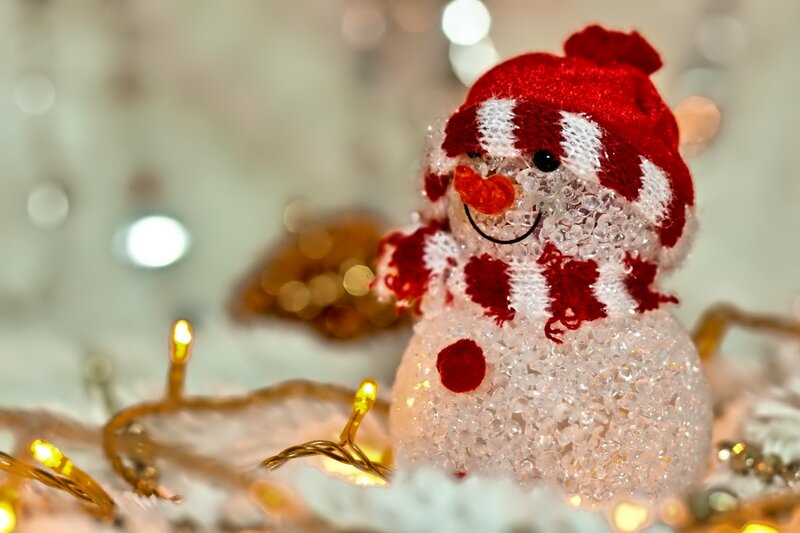 Snowman Figurine — Red, Festive, Winter, Photograph, Lights, Scarf