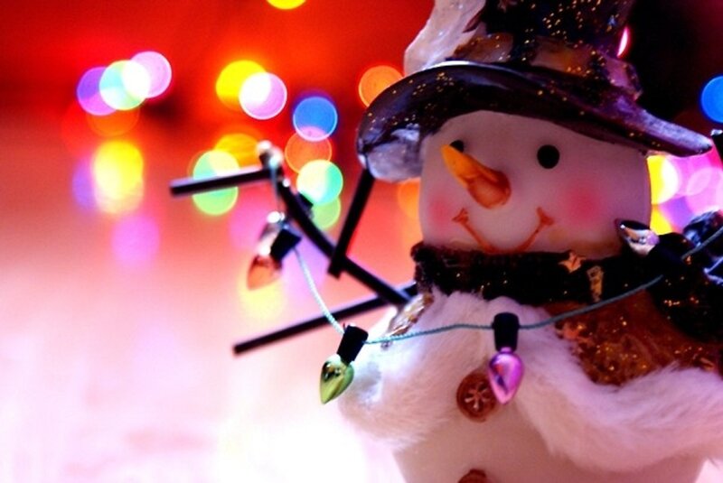 Snowman Figurine — Red, Festive, Winter, Photograph, Lights