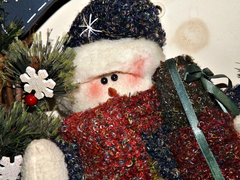 Snowman Figurine — Red, Festive, Winter, Photograph, Pine Branches