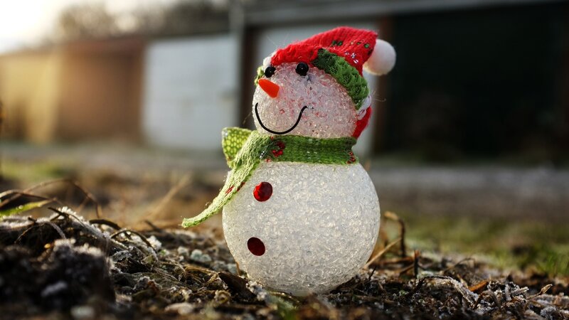 Snowman Figurine — White, Festive, Winter, Photograph, Hat, Scarf, Ground