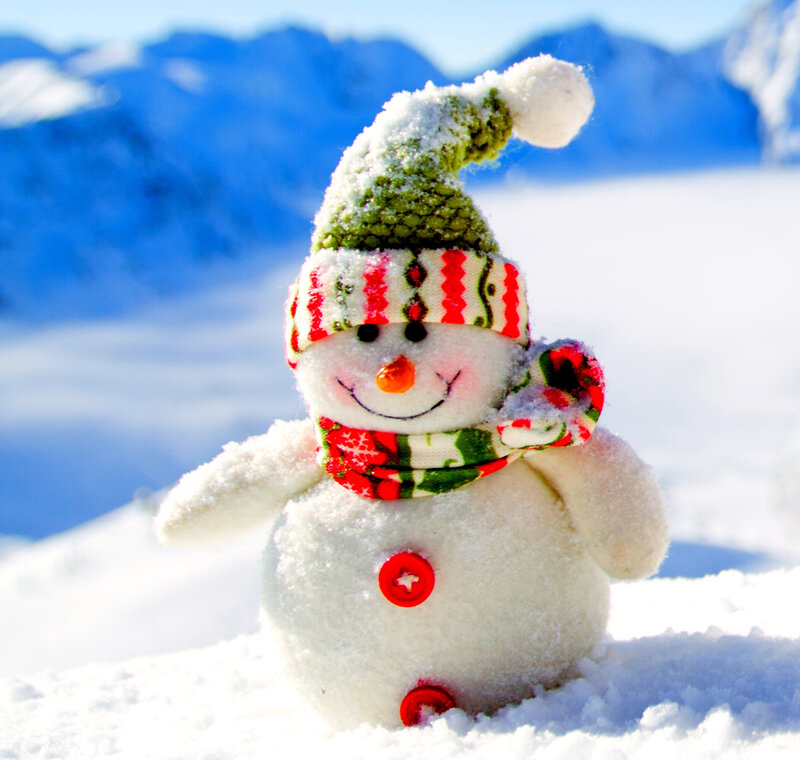 Snowman Figurine — White, Festive, Winter, Photograph, Hat, Scarf, Mountains