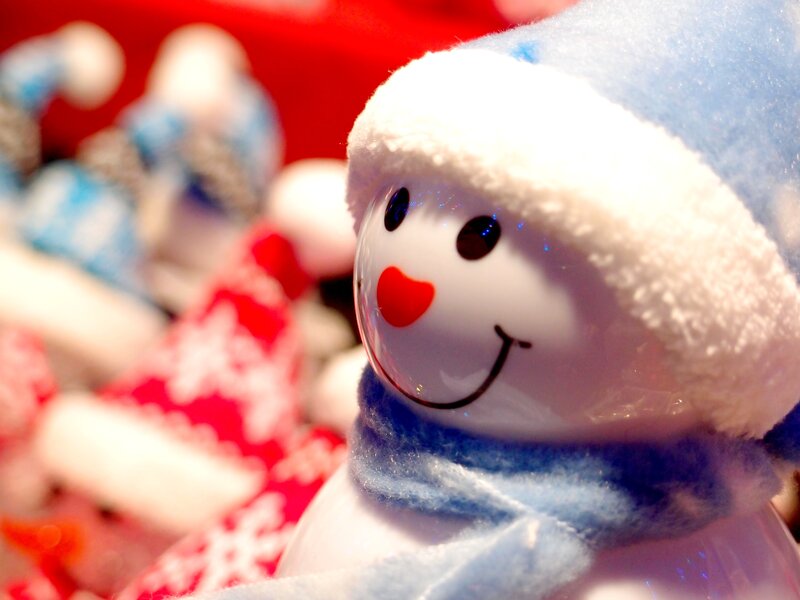 Snowman Figurine — White, Festive, Winter, Photograph, Hat, Scarf, Red Background