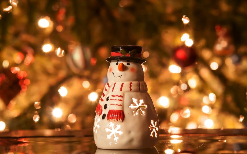 Snowman Figurine — White, Festive, Winter, Photograph, Lights, Christmas Tree