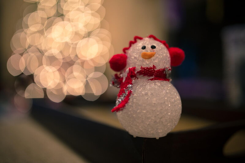 Snowman Figurine — White, Festive, Winter, Photograph, Lights, Scarf