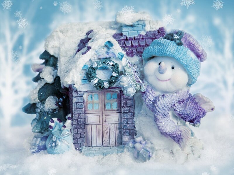 Snowman Figurine with House — White, Festive