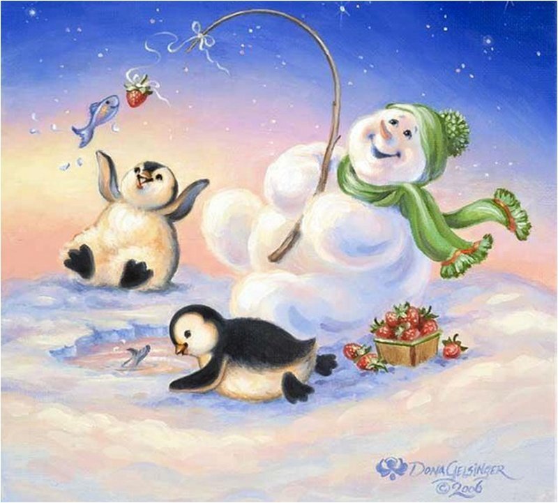 Snowman Fishing with Penguins