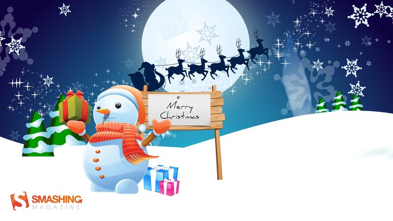Snowman Holding Gift — Blue, Festive, Night, Digital Art, Reindeer, Santa Claus