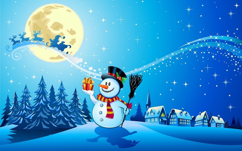 Snowman Holding Gift — Blue, Festive, Night, Digital Art