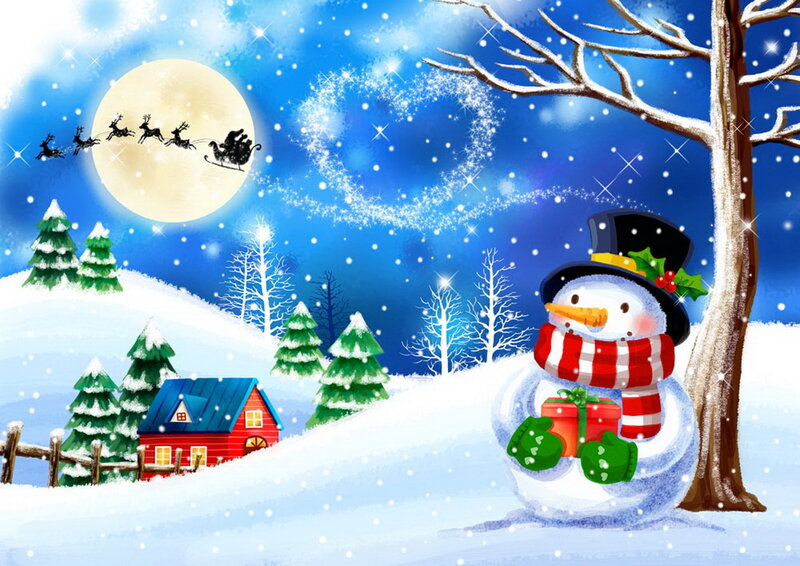 Snowman Holding Gift — Blue, Festive, Night, Illustration, Reindeer Sleigh