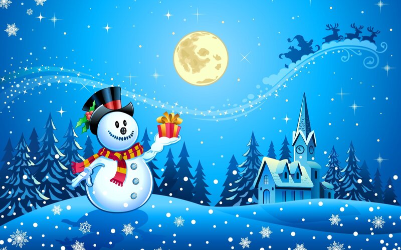 Snowman Holding Gift — Blue, Festive, Night, Illustration