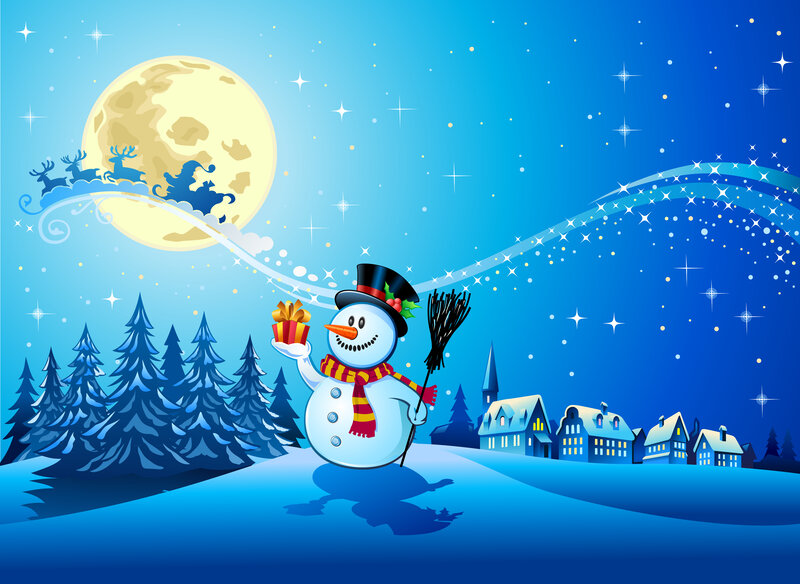 Snowman Holding Gift — Blue, Festive, Night