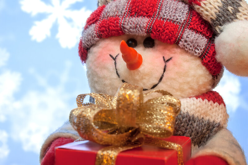 Snowman Holding Gift — Red, Festive
